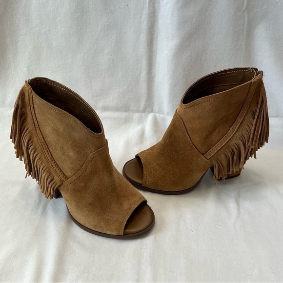 Gianni Bini Brown Suede Peep Toe Fringe Booties - Picture 1 of 7